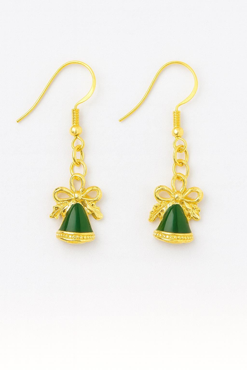 Elegant Green & Gold Christmas Bell Earrings - Festive Holiday Dangle Earrings • Holiday Jewelry Gift for Her • Christmas Party Earrings