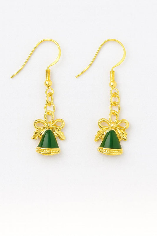 Elegant Green & Gold Christmas Bell Earrings - Festive Holiday Dangle Earrings • Holiday Jewelry Gift for Her • Christmas Party Earrings