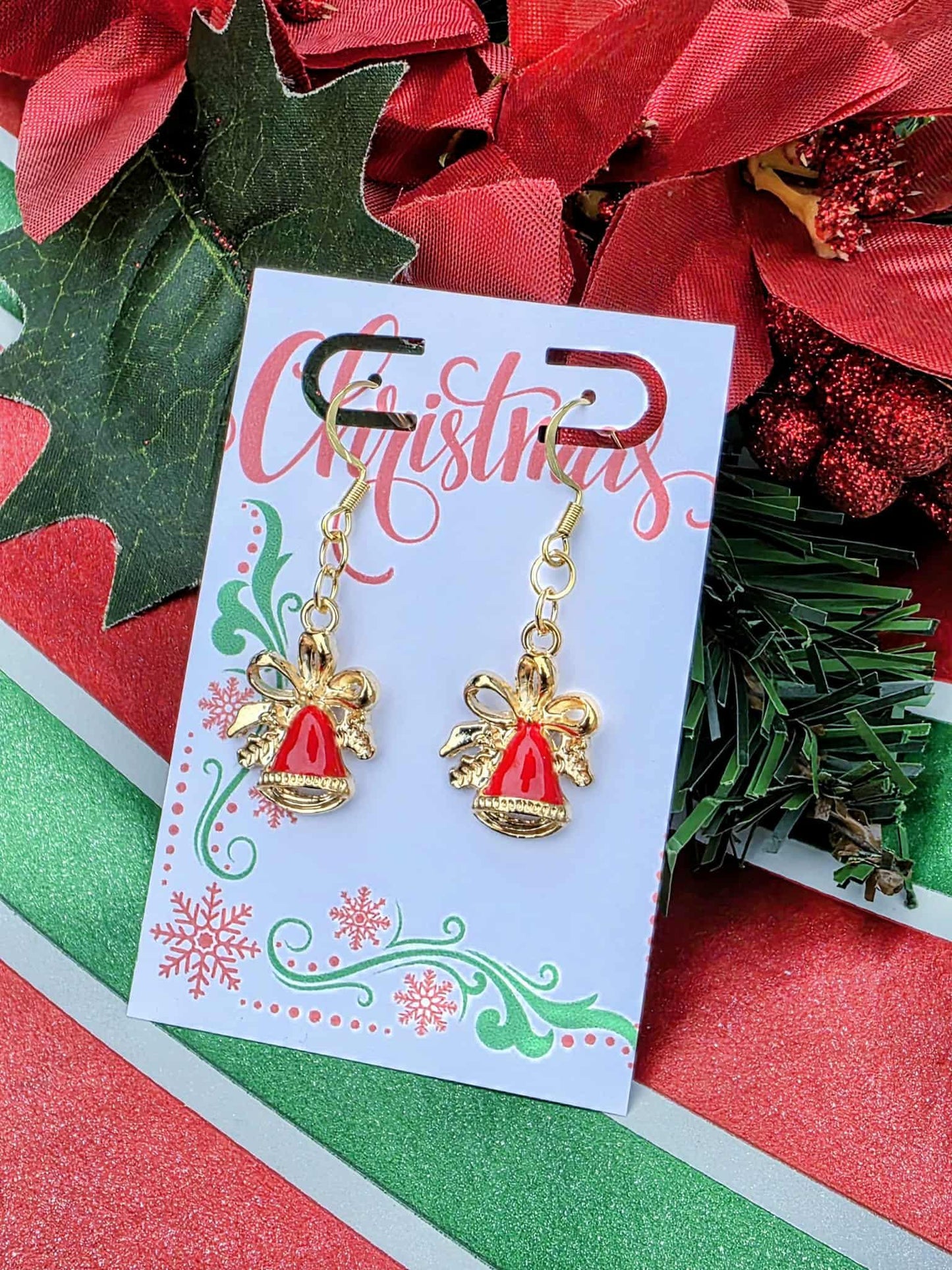 Christmas Bell Earrings, Red & Gold Holiday Dangle Earrings, Festive Gift for Her, Lightweight Enamel Jewelry, Gold Christmas Bells