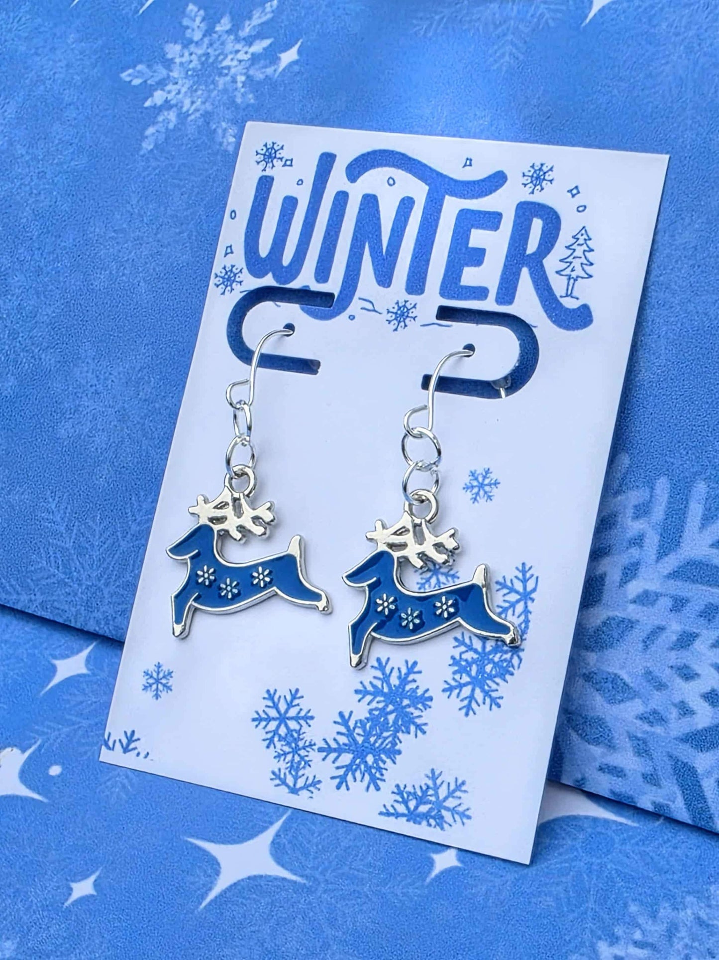 Blue Reindeer Earrings - Winter Dangle Earrings • Silver Christmas Deer Jewelry • Holiday Gift for Her • Festive Reindeer Charm Earrings