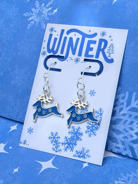 Blue Reindeer Earrings - Winter Dangle Earrings • Silver Christmas Deer Jewelry • Holiday Gift for Her • Festive Reindeer Charm Earrings