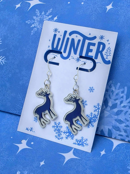Silver Blue Reindeer Earrings - Winter Wonderland Dangle Earrings • Snowflake Holiday Jewelry Gift for Her • Christmas Deer Charm Earrings