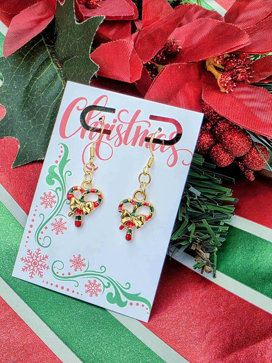 Christmas Bow Candy Cane Earrings • Red Green Gold Holiday Dangle Earrings • Festive Gift-Ready Jewelry for Women