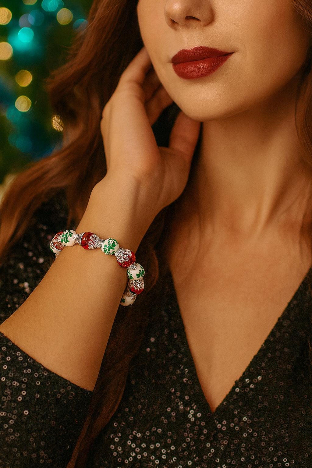 Red and Green Christmas Bracelet | Holiday Beaded Jewelry, Stocking Stuffer