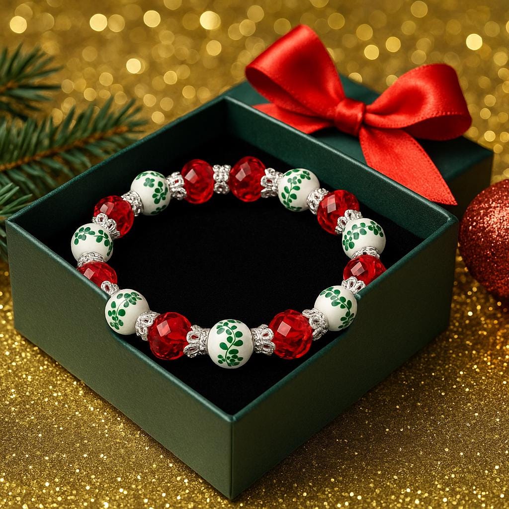 Christmas Party Bracelet, Red Green Beaded Stretch Jewelry, Elegant Holiday Accessory for Office Party, Festive Gift for Women