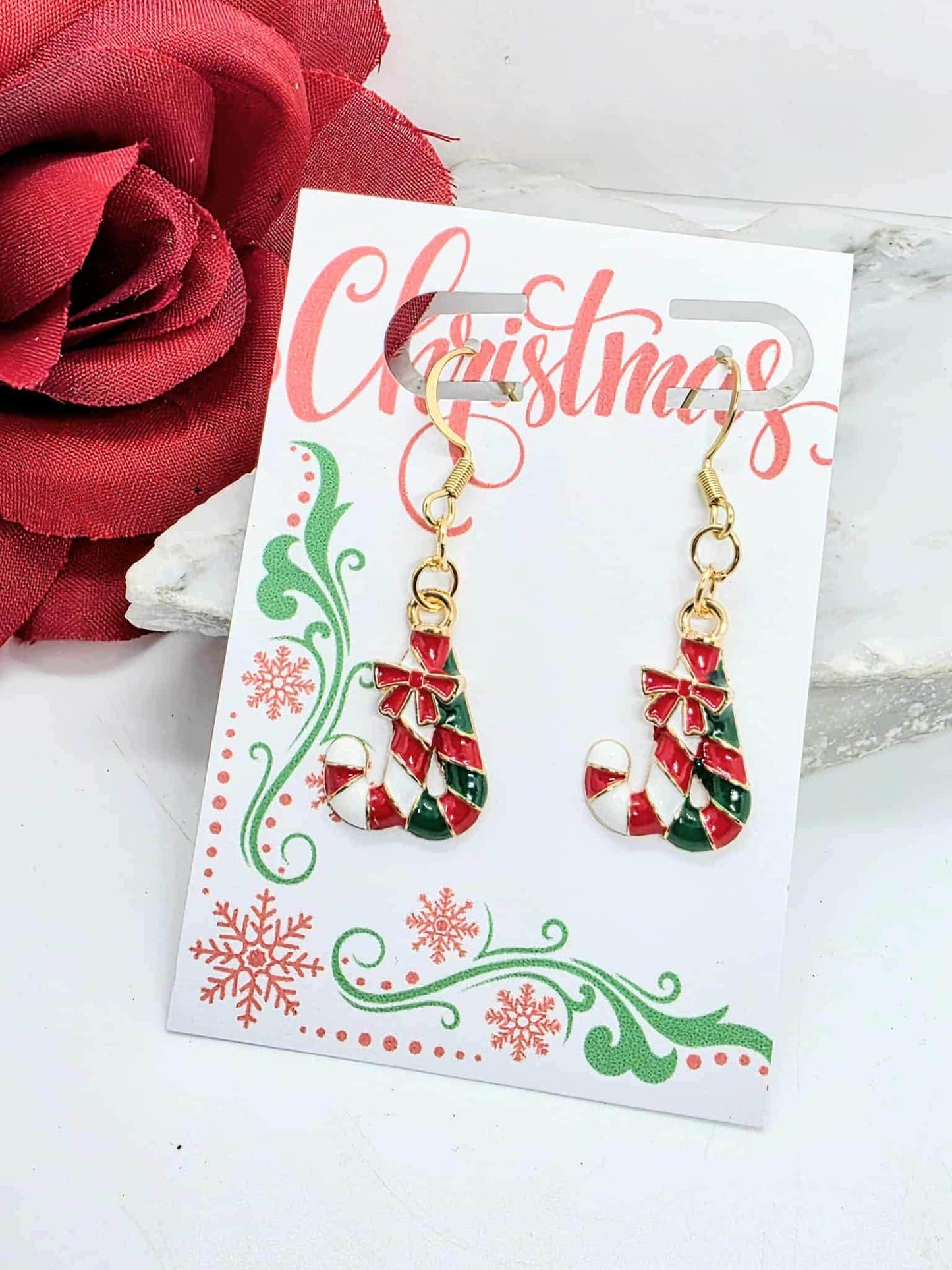 Candy Cane Stocking Christmas Earrings – Red Green Holiday Dangle Earrings – Festive Winter Jewelry Gift for Her – Ready to Gift