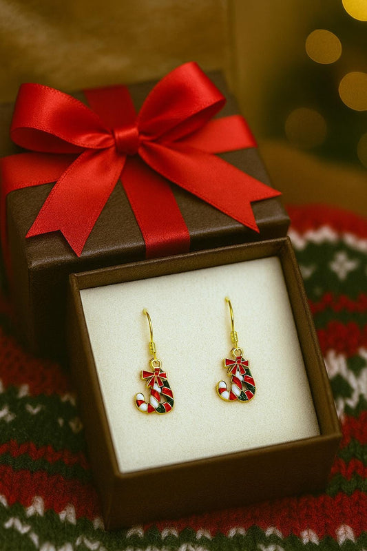 Candy Cane Stocking Christmas Earrings – Red Green Holiday Dangle Earrings – Festive Winter Jewelry Gift for Her – Ready to Gift