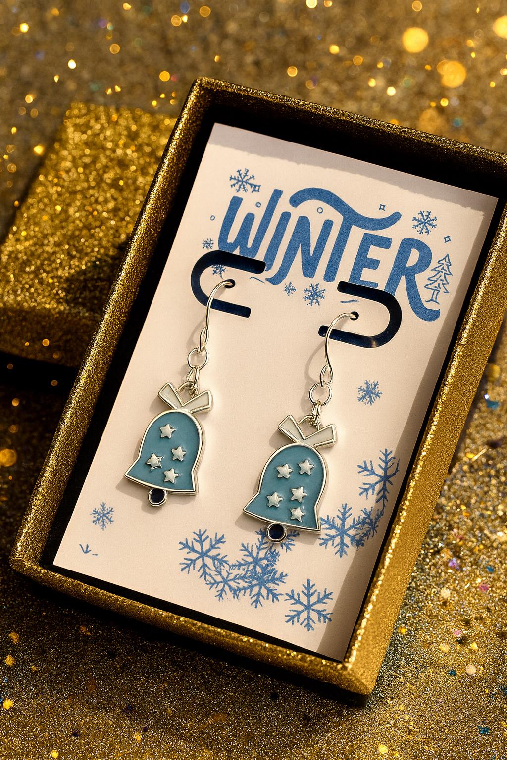 Blue Holiday Bell Earrings – Silver Christmas Earrings, Hypoallergenic Dangles, Matching Necklace Available, Gift Bag Ready