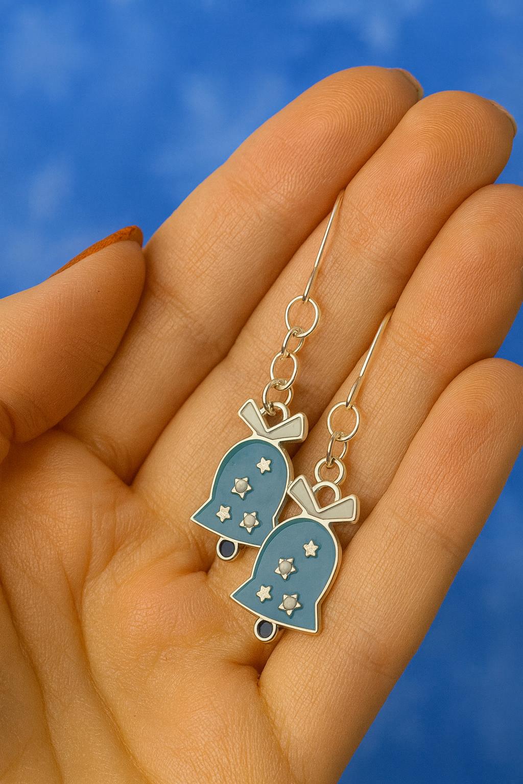 Blue Holiday Bell Earrings – Silver Christmas Earrings, Hypoallergenic Dangles, Matching Necklace Available, Gift Bag Ready