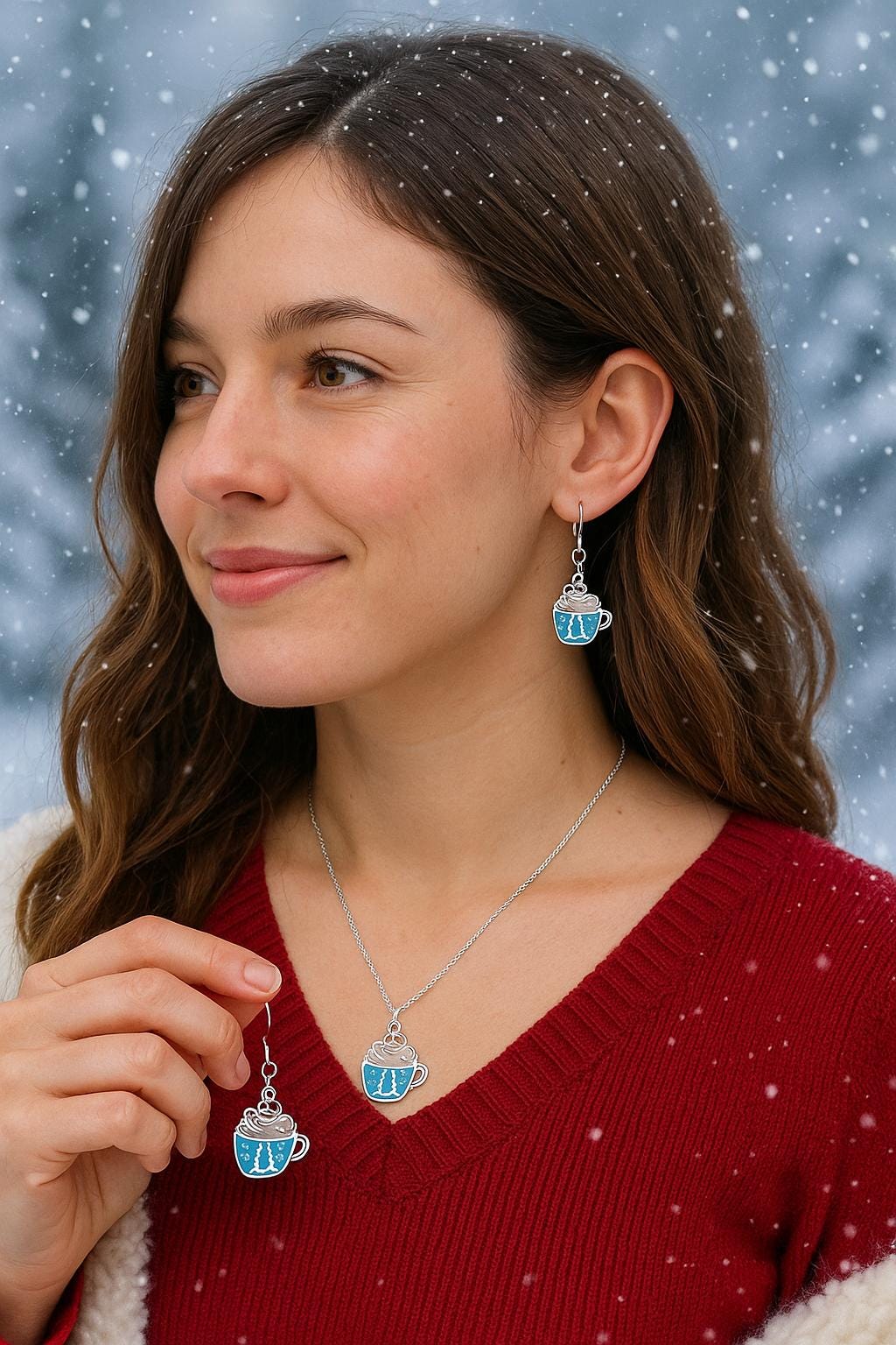 Hot Cocoa Earrings with Gingerbread – Winter Holiday Jewelry, Silver Christmas Dangles, Matching Necklace, Gift Bag Ready