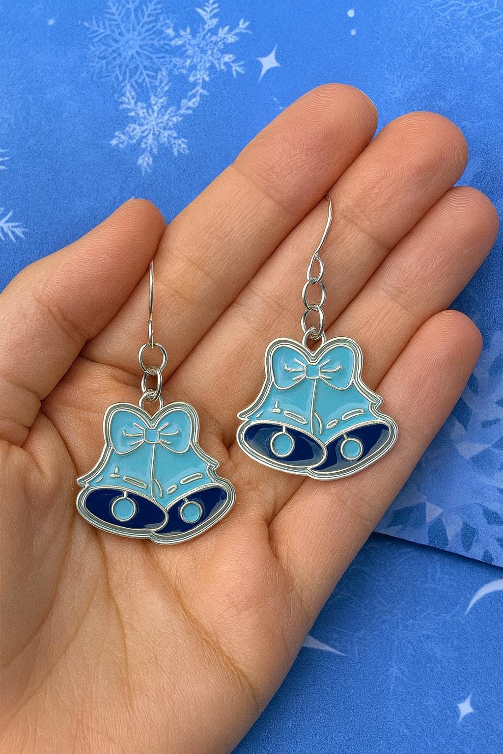 Blue Holiday Bell Earrings – Silver Christmas Jewelry, Hypoallergenic Dangles, Matching Necklace Available, Gift Bag Ready