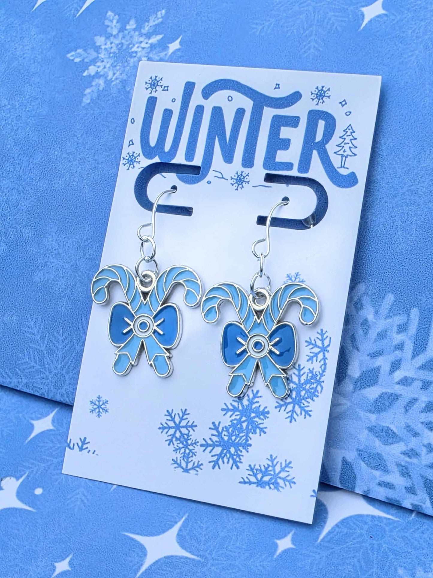 Candy Cane Earrings – Silver Christmas Jewelry, Hypoallergenic Holiday Dangles, Matching Necklace, Gift Bag Ready, Peppermint Festive