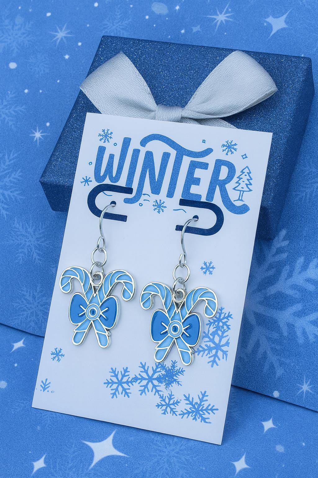 Candy Cane Earrings – Silver Christmas Jewelry, Hypoallergenic Holiday Dangles, Matching Necklace, Gift Bag Ready, Peppermint Festive