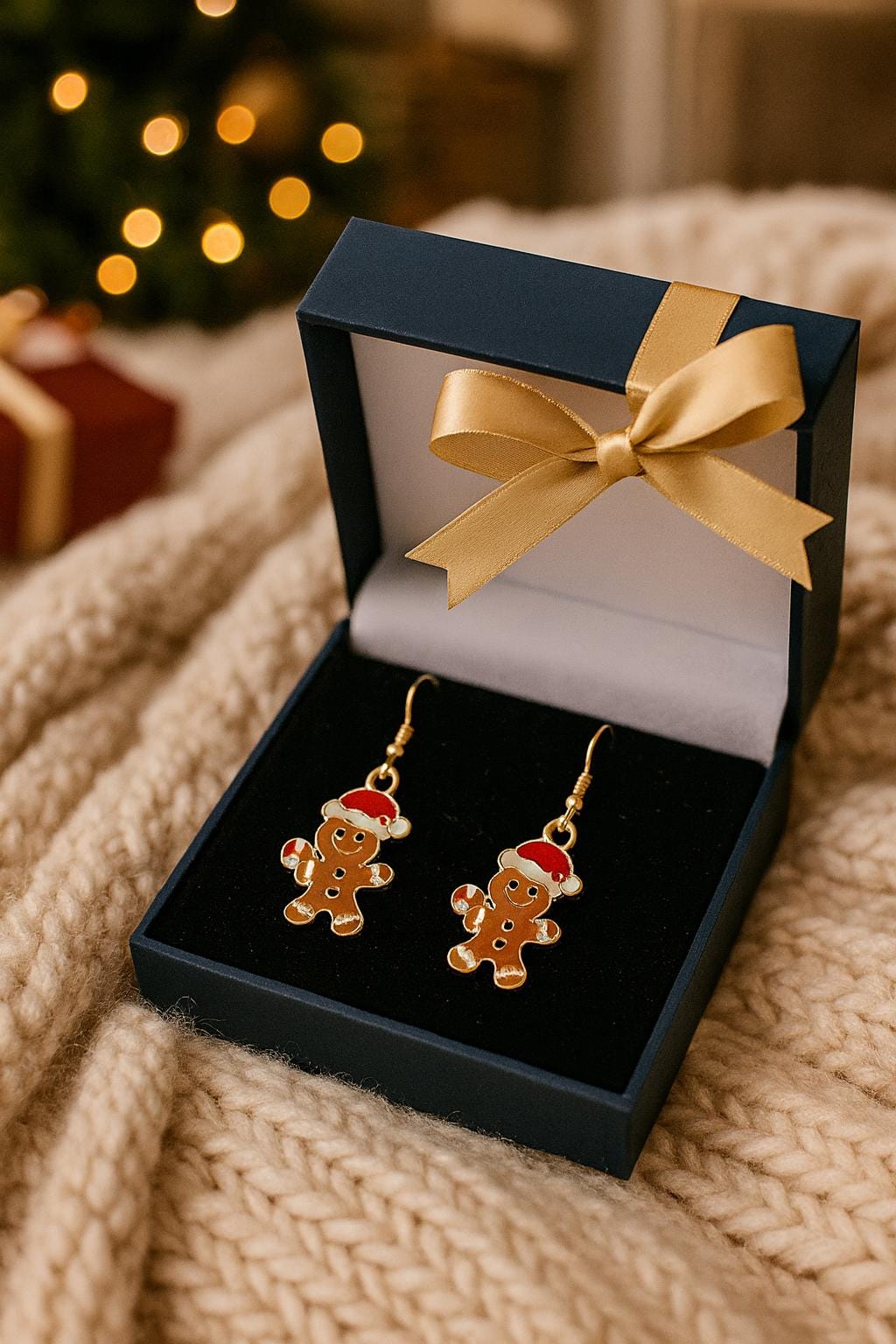 Gingerbread Man Christmas Earrings | Holiday Dangle Earrings or 18” Matching Necklace | Festive Gift-Ready Jewelry in Organza Bag