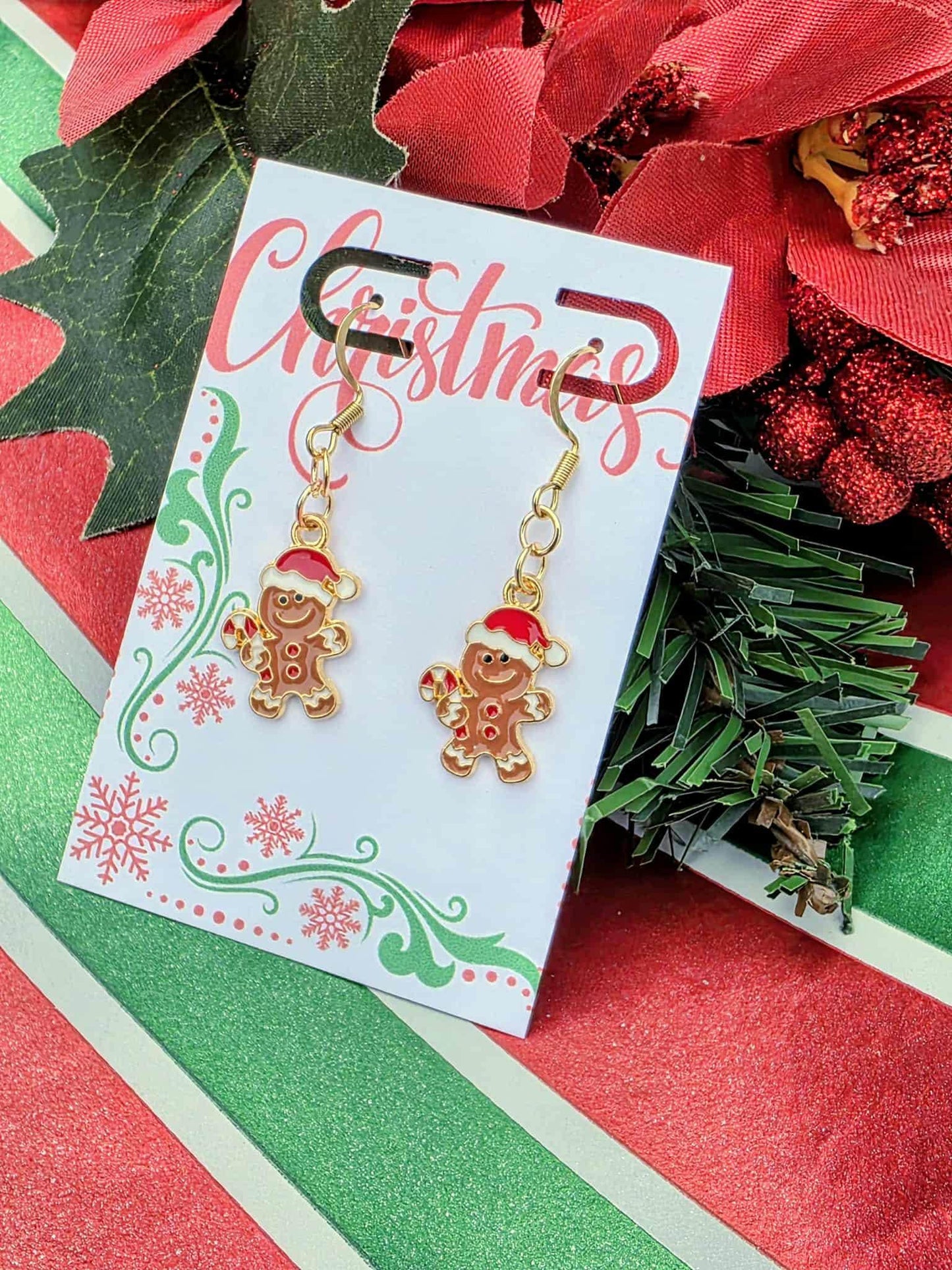 Gingerbread Man Christmas Earrings | Holiday Dangle Earrings or 18” Matching Necklace | Festive Gift-Ready Jewelry in Organza Bag