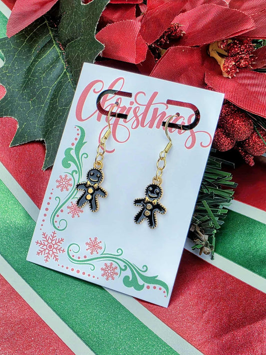 Black Gingerbread Man Earrings & Necklace Set | Holiday Gift-Ready Christmas Jewelry Packaged in Organza Bag – Perfect Stocking Stuffer