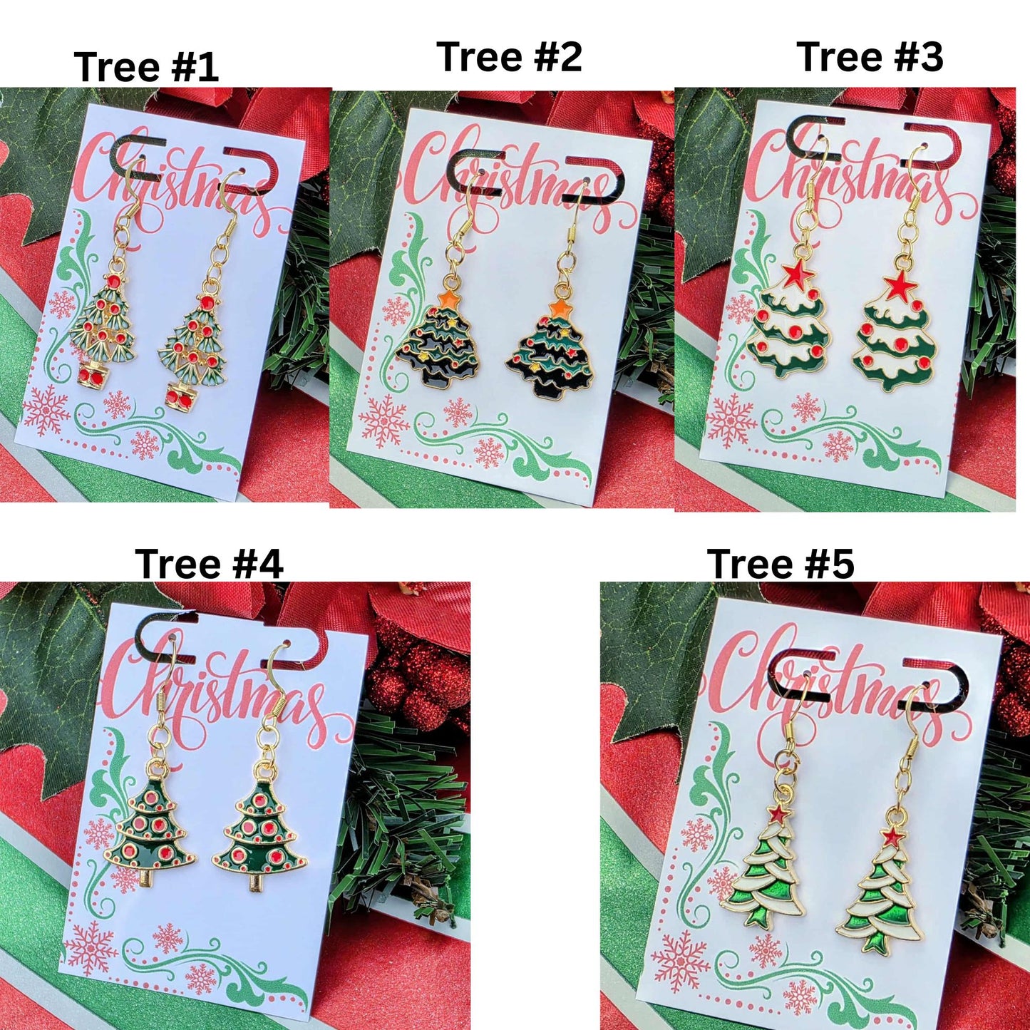 Green & White Christmas Tree Earrings | Red Star Holiday Dangles | 18k Gold Hypoallergenic | Gift-Ready Stocking Stuffer