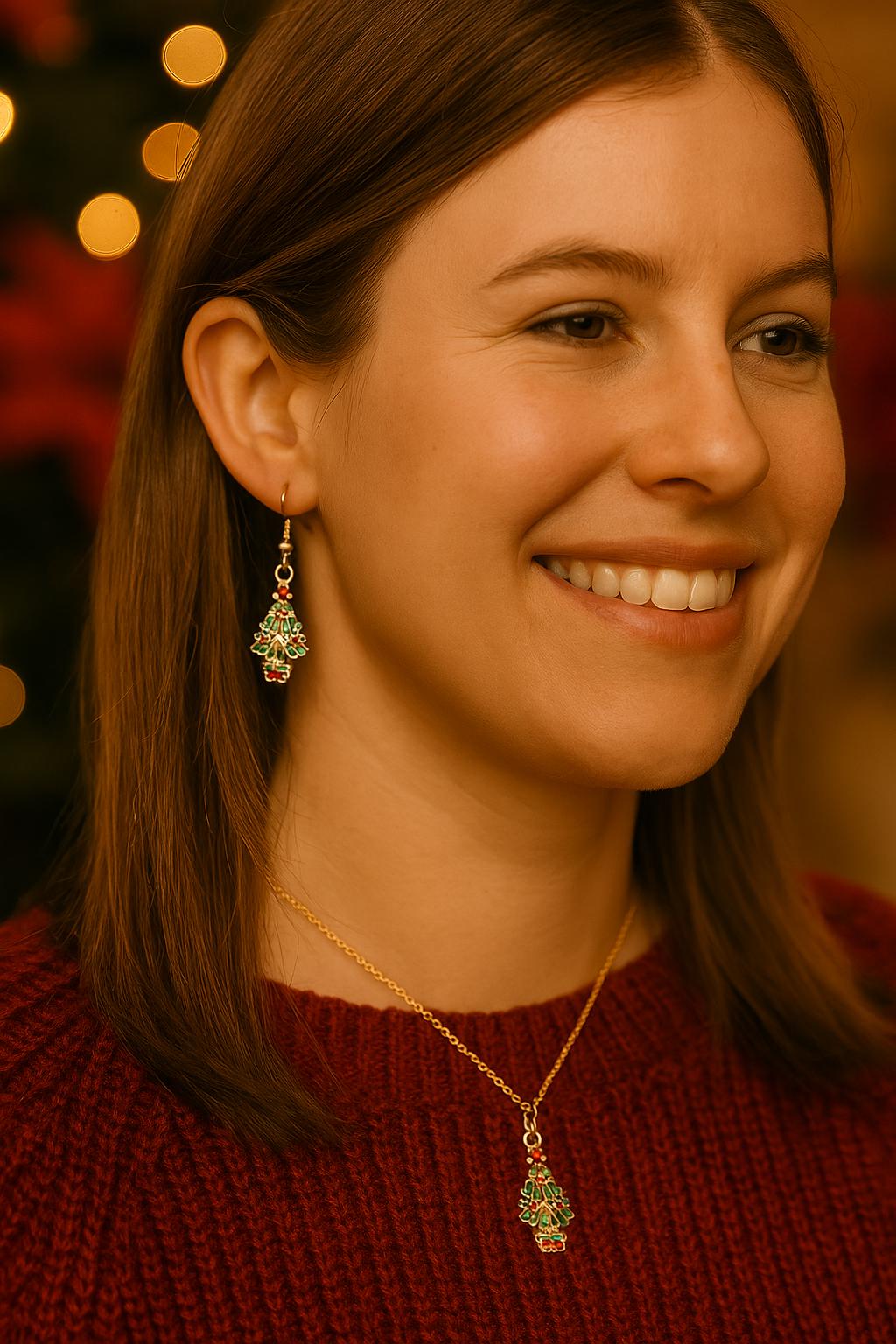 Green & White Christmas Tree Earrings | Red Star Holiday Dangles | 18k Gold Hypoallergenic | Gift-Ready Stocking Stuffer