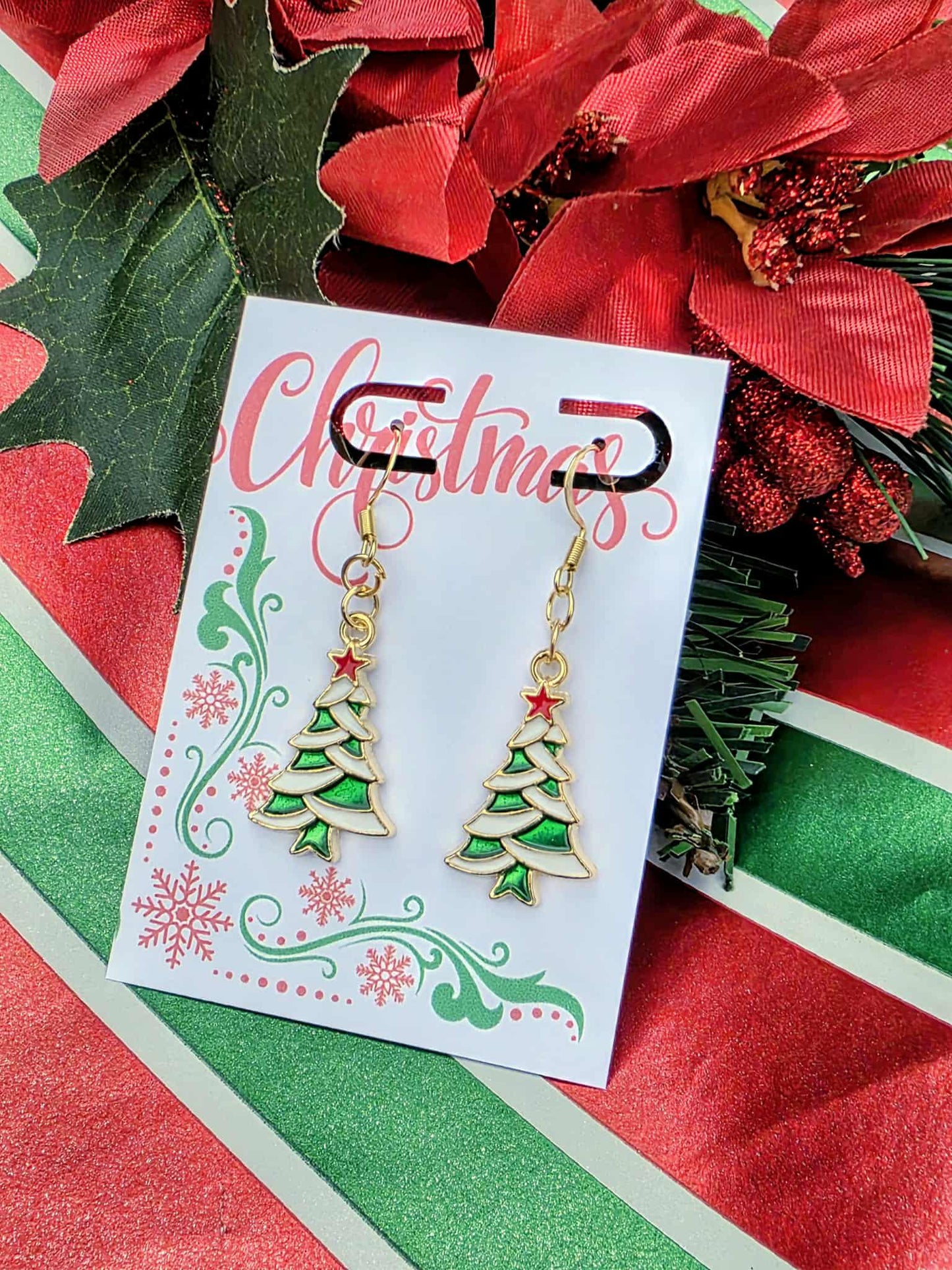 Green & White Christmas Tree Earrings | Red Star Holiday Dangles | 18k Gold Hypoallergenic | Gift-Ready Stocking Stuffer