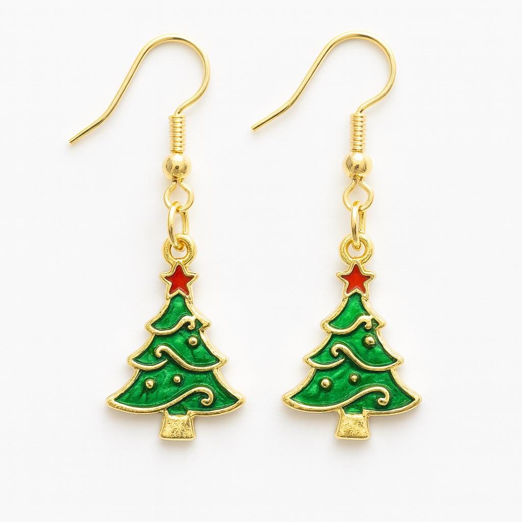 Christmas Tree Earrings | Green Enamel Holiday Dangles with Red Star | Festive Stocking Stuffer Jewelry