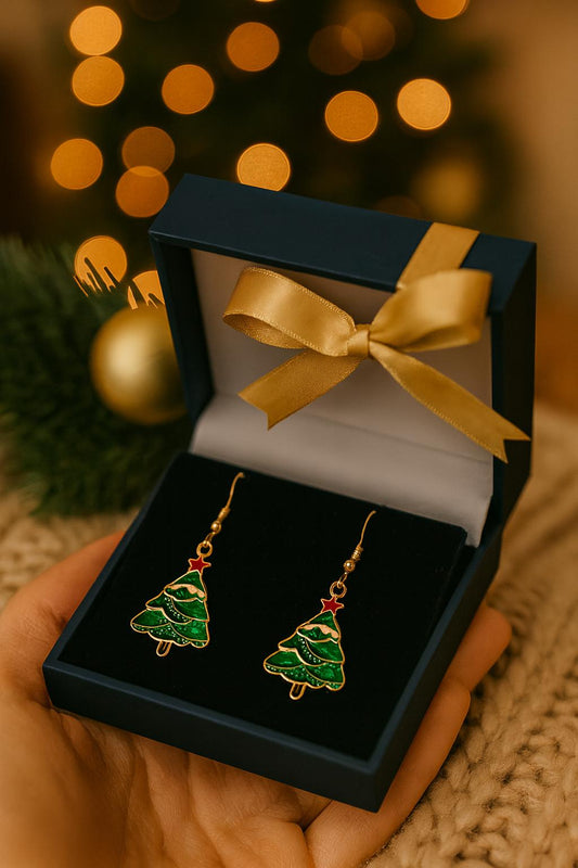 Christmas Tree Earrings | Green Enamel Holiday Dangles with Red Star | Festive Stocking Stuffer Jewelry