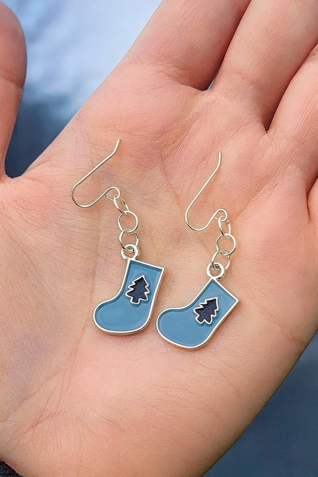 Blue Christmas Stocking Earrings – Silver Holiday Jewelry, Hypoallergenic Dangles, Matching Necklace, Gift Bag Ready