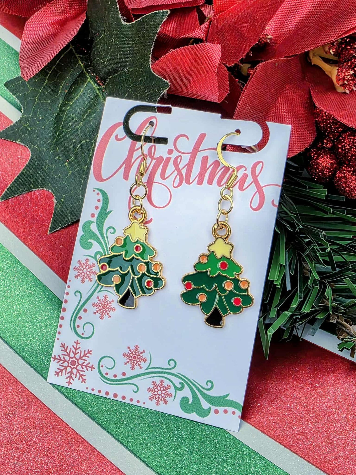 Christmas Tree Earrings | Green Enamel Holiday Dangles with Gold Hooks | Gift-Ready Stocking Stuffer Jewelry