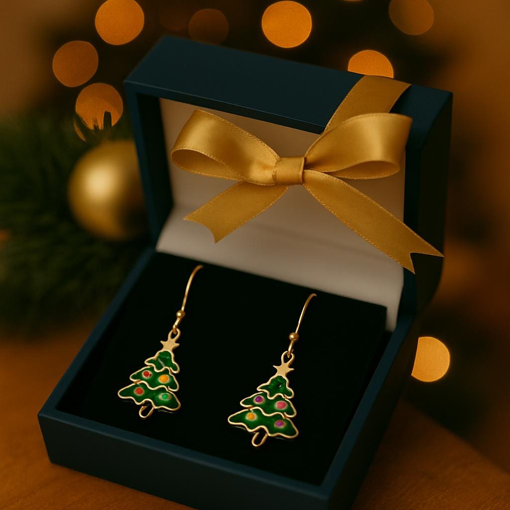 Christmas Tree Earrings | Green Enamel Holiday Dangles with Gold Hooks | Gift-Ready Stocking Stuffer Jewelry