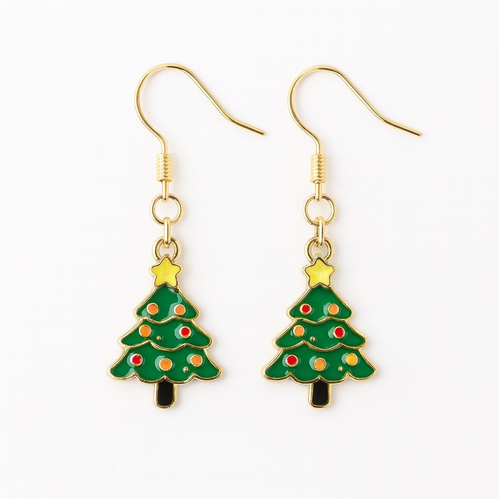 Christmas Tree Earrings | Green Enamel Holiday Dangles with Gold Hooks | Gift-Ready Stocking Stuffer Jewelry