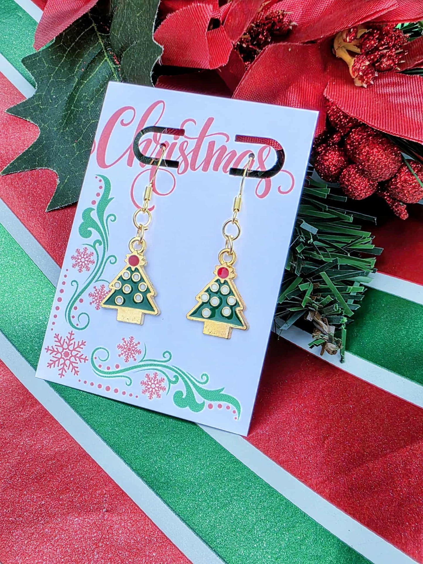 Christmas Tree Earrings – Green Enamel with Gold Hooks | Elegant Party Dangles | Matching 18″ Necklace Available