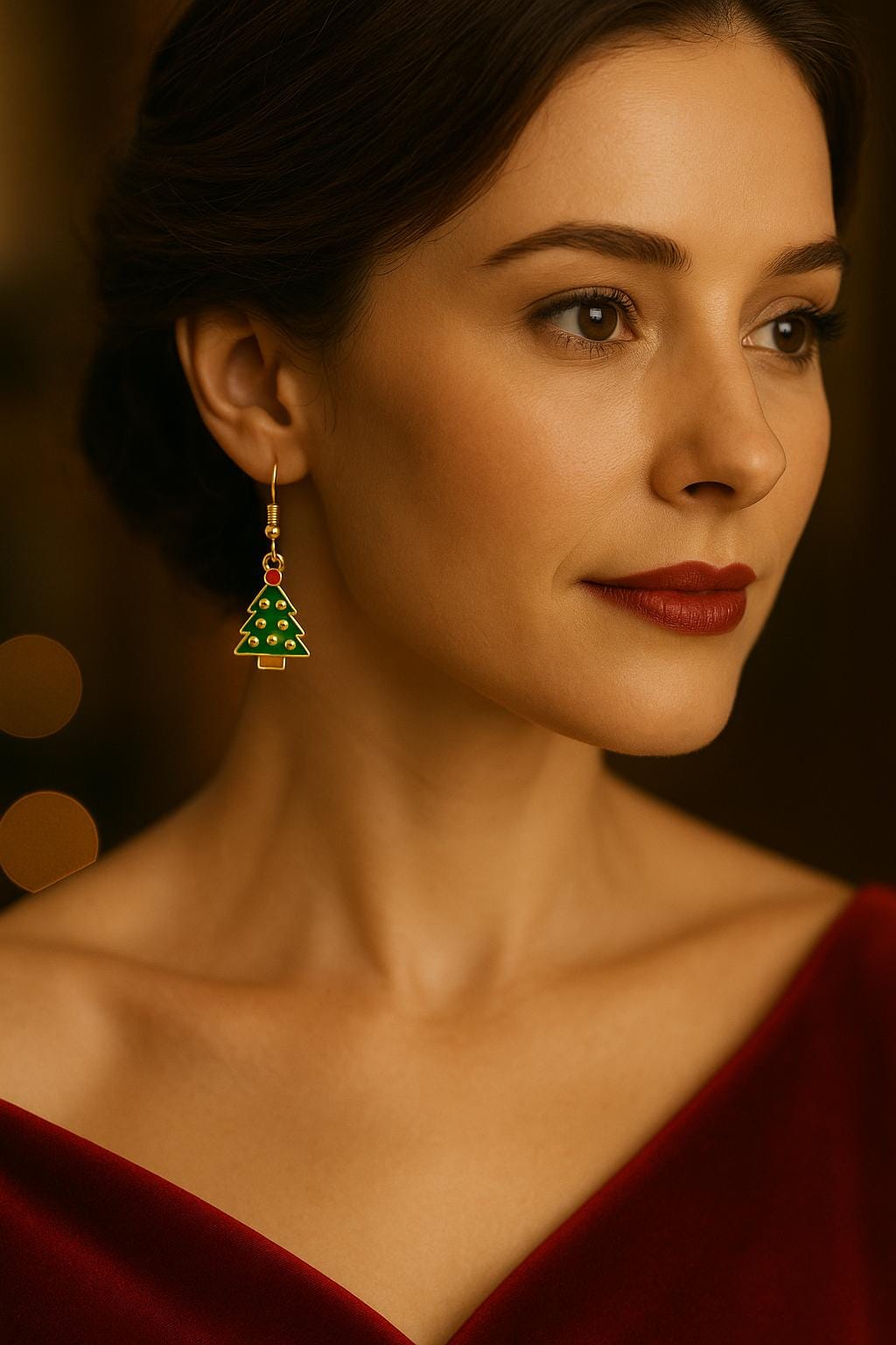Christmas Tree Earrings – Green Enamel with Gold Hooks | Elegant Party Dangles | Matching 18″ Necklace Available