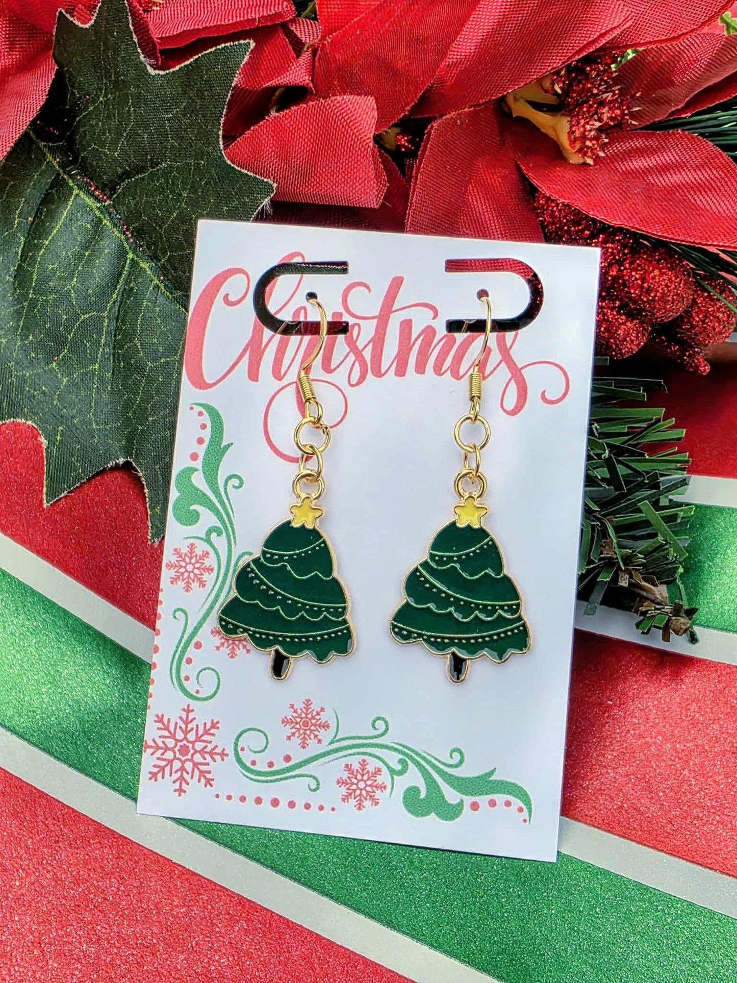 Elegant Christmas Tree Earrings & Necklace Set – Dainty Holiday Jewelry Gift for Women – Festive Green Gold Christmas Accessories