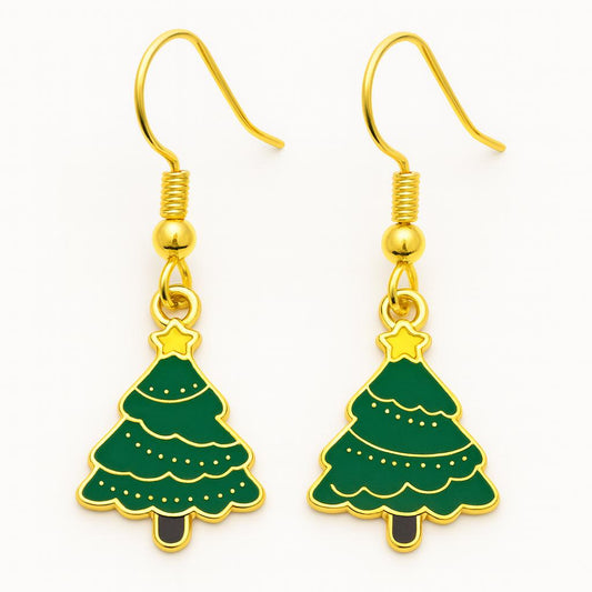 Elegant Christmas Tree Earrings & Necklace Set – Dainty Holiday Jewelry Gift for Women – Festive Green Gold Christmas Accessories