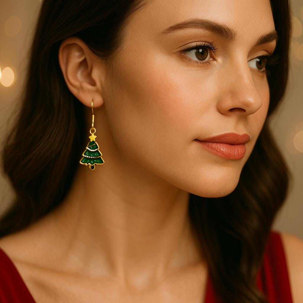 Elegant Christmas Tree Earrings & Necklace Set – Dainty Holiday Jewelry Gift for Women – Festive Green Gold Christmas Accessories