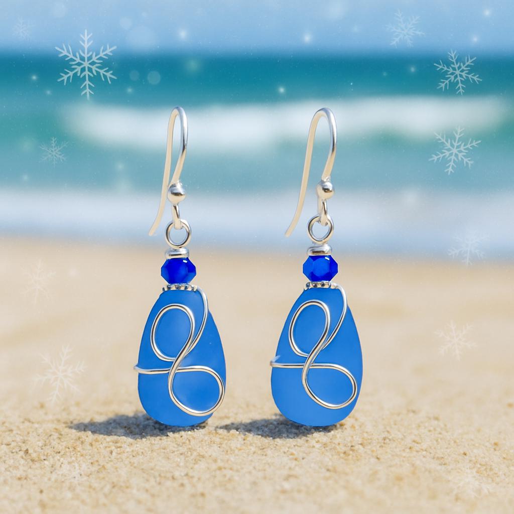 Blue Sea Glass Earrings Sterling Silver Dangles | Holiday Gift for Her | Ocean Lover Jewelry | Coastal Boho Sea Glass Earrings