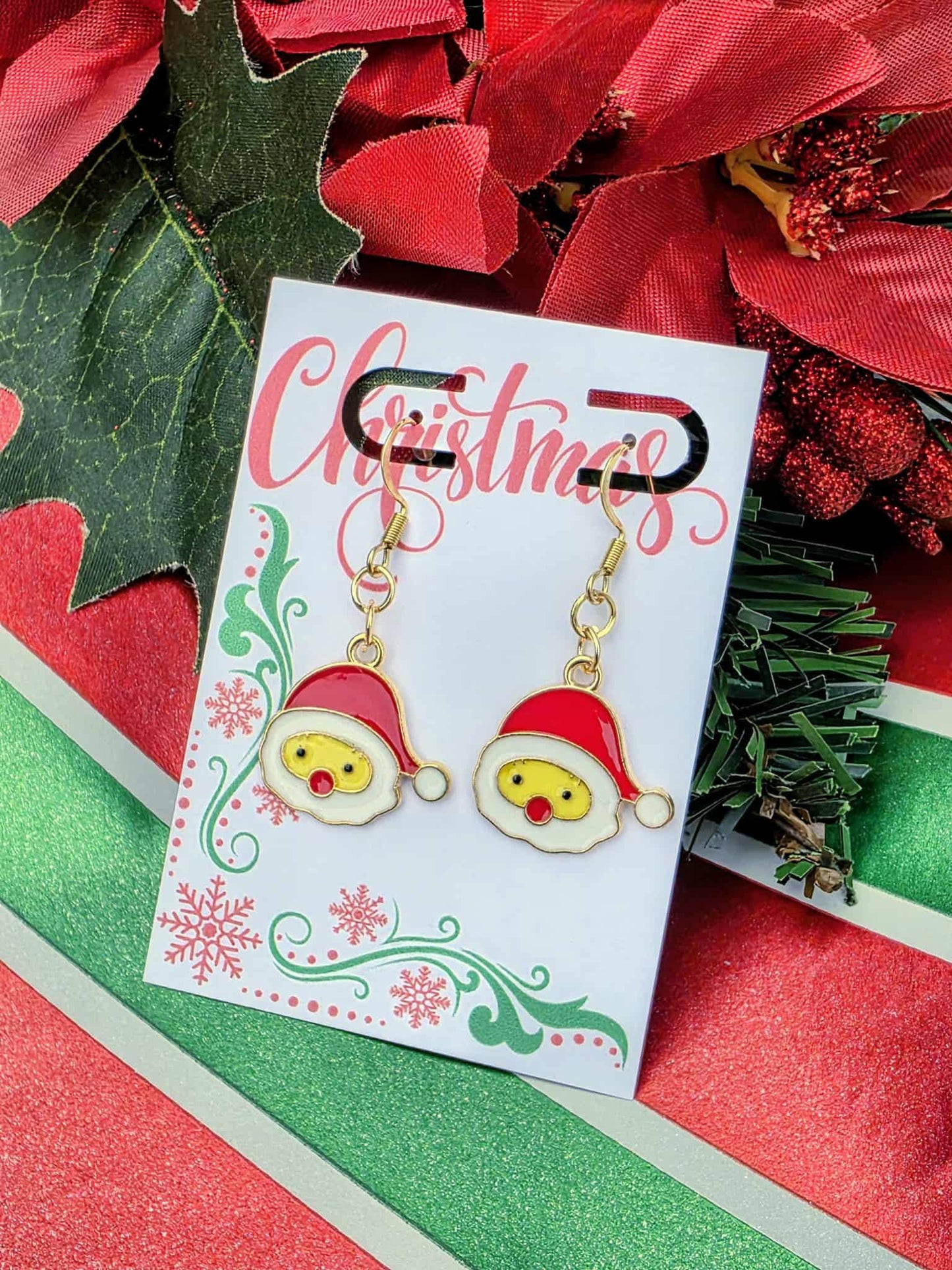 Jolly Santa Face Earrings – Holiday Gold Dangle Jewelry | Cute Christmas Charm Earrings | Stocking Stuffer Gift for Women
