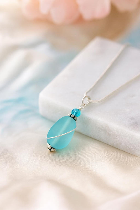 Aqua Sea Glass Pendant Necklace – Dainty Silver Wrapped Ocean-Inspired Jewelry | Beachy Coastal Gift | Handmade Summer Necklace