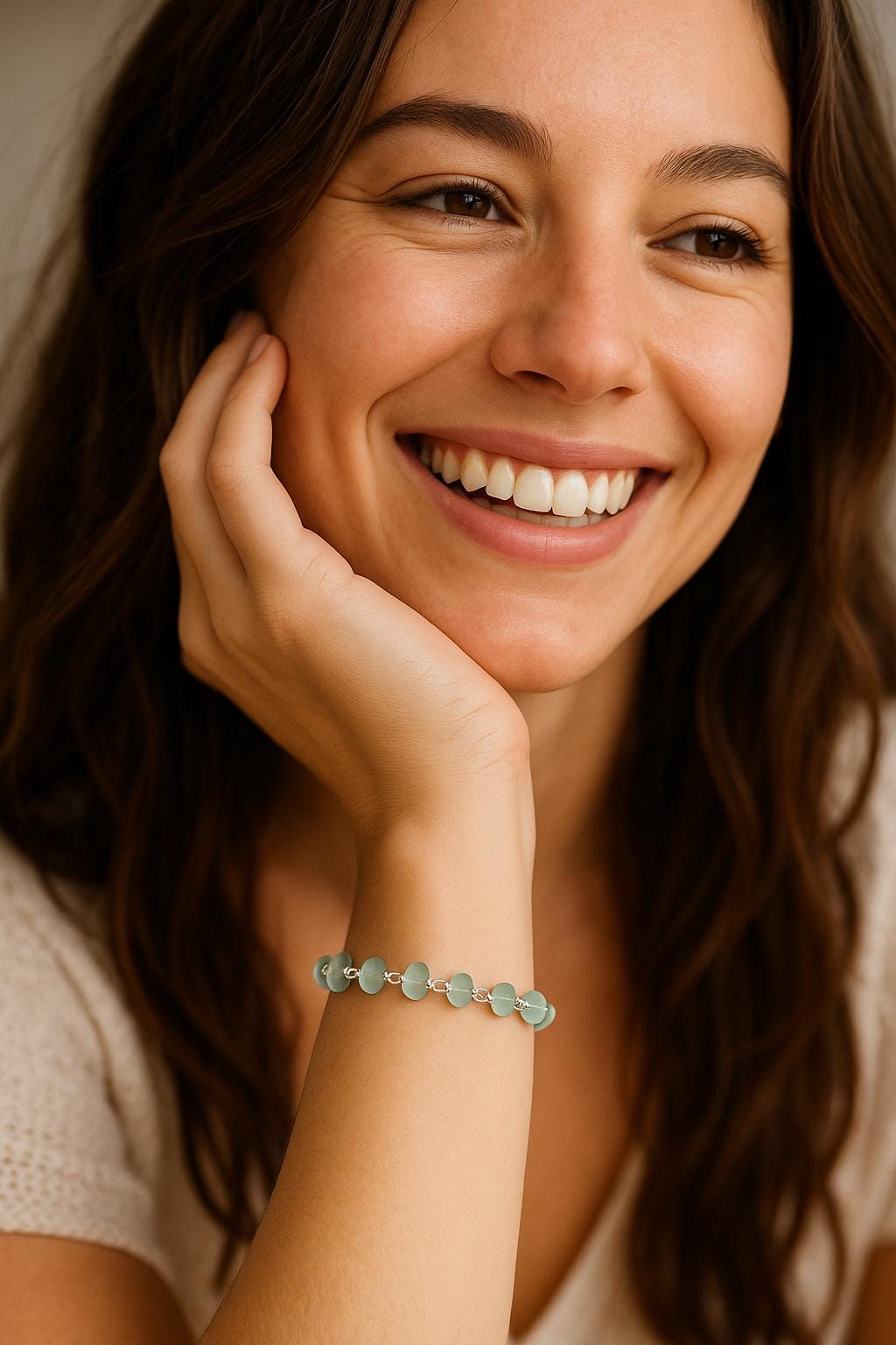 Sea Glass Beaded Chain Bracelet • Coastal Blue Jewelry • Lightweight Everyday Wear