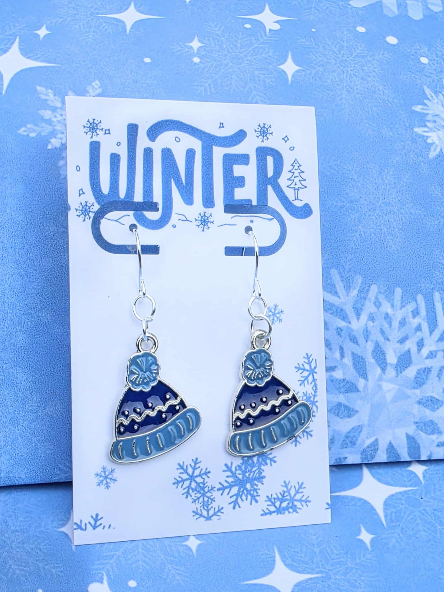 Blue Winter Hat Earrings & Necklace Set | Holiday Jewelry Gift for Her | Cozy Winter Accessories | Festive Christmas Jewelry, Snowflake