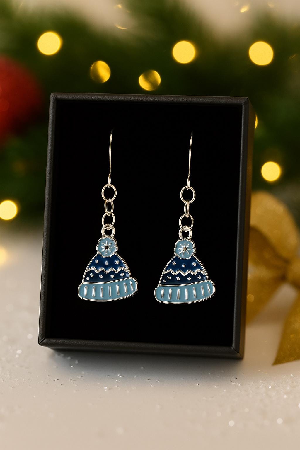 Blue Winter Hat Earrings & Necklace Set | Holiday Jewelry Gift for Her | Cozy Winter Accessories | Festive Christmas Jewelry, Snowflake