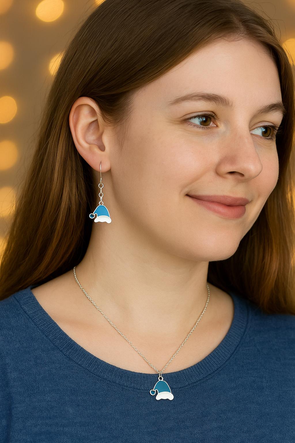 Blue Santa Hat Earrings | Holiday Dangle Earrings | Winter Christmas Jewelry | Fun Festive Gift for Her | Lightweight Holiday Accessory