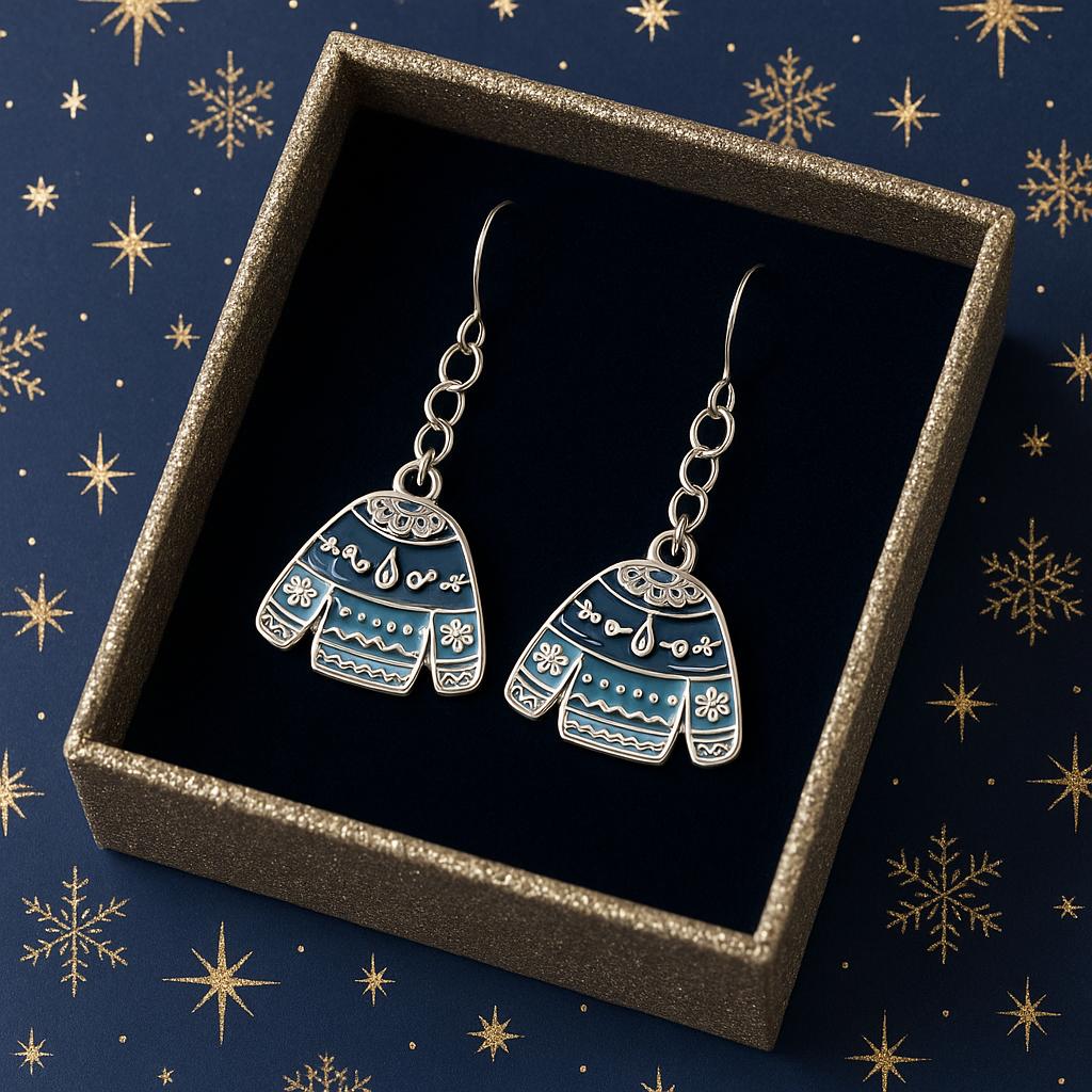 Ugly Christmas Sweater Earrings | Funny Holiday Jewelry | Blue Festive Dangle Earrings | Winter Party Accessory | Gift for Her