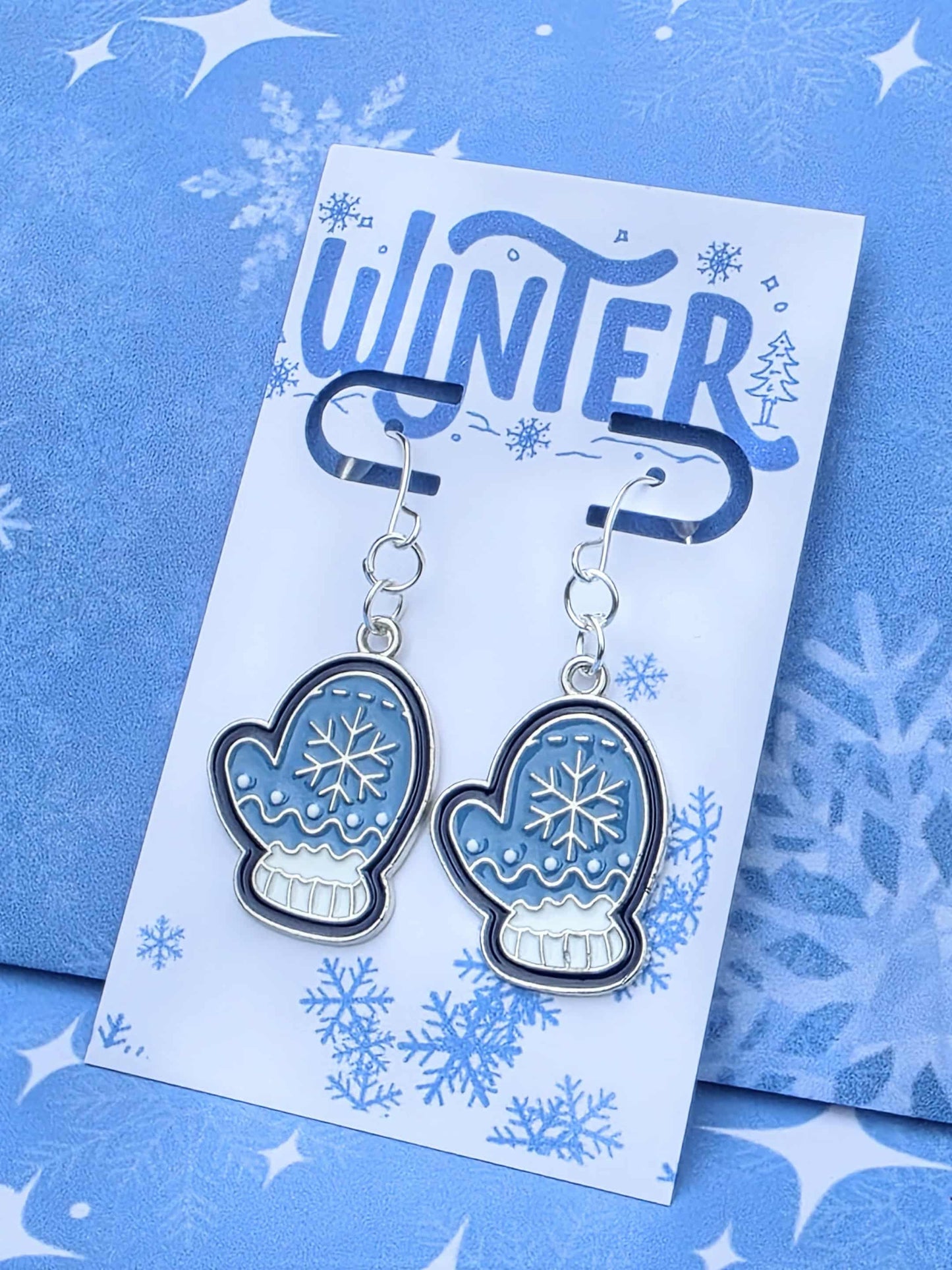 Blue Mitten Earrings & Matching Necklace Set | Winter Snowflake Jewelry | Christmas Gift for Her | Holiday Snowy Charm Set | Cozy Winter