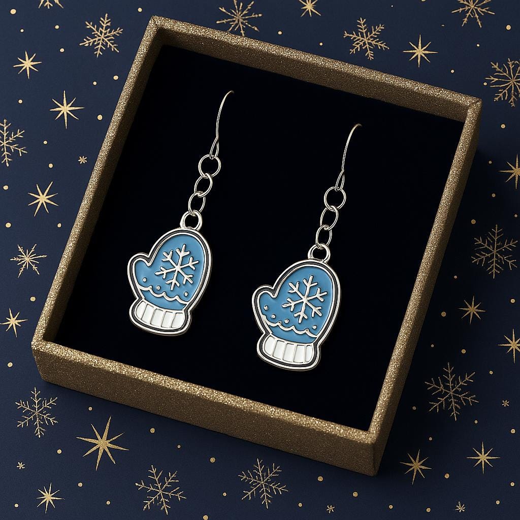 Blue Mitten Earrings & Matching Necklace Set | Winter Snowflake Jewelry | Christmas Gift for Her | Holiday Snowy Charm Set | Cozy Winter