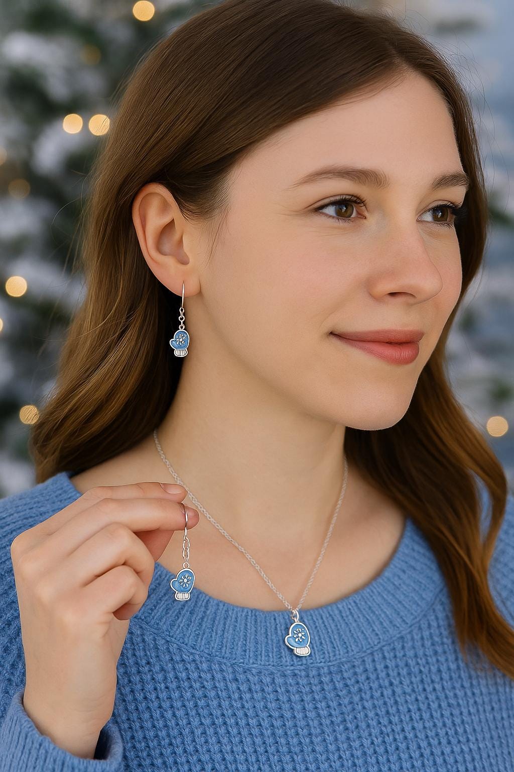 Blue Mitten Earrings & Matching Necklace Set | Winter Snowflake Jewelry | Christmas Gift for Her | Holiday Snowy Charm Set | Cozy Winter