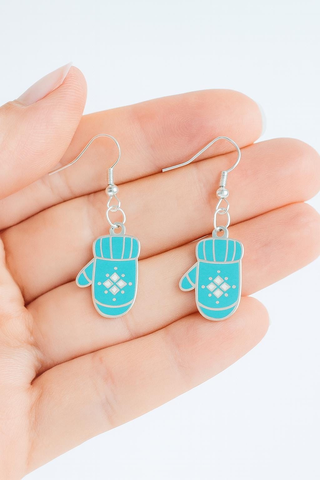 Turquoise Mitten Earrings & Matching Necklace Set | Winter Snowflake Jewelry | Christmas Gift for Her | Cozy Holiday Jewelry Set | Snowy