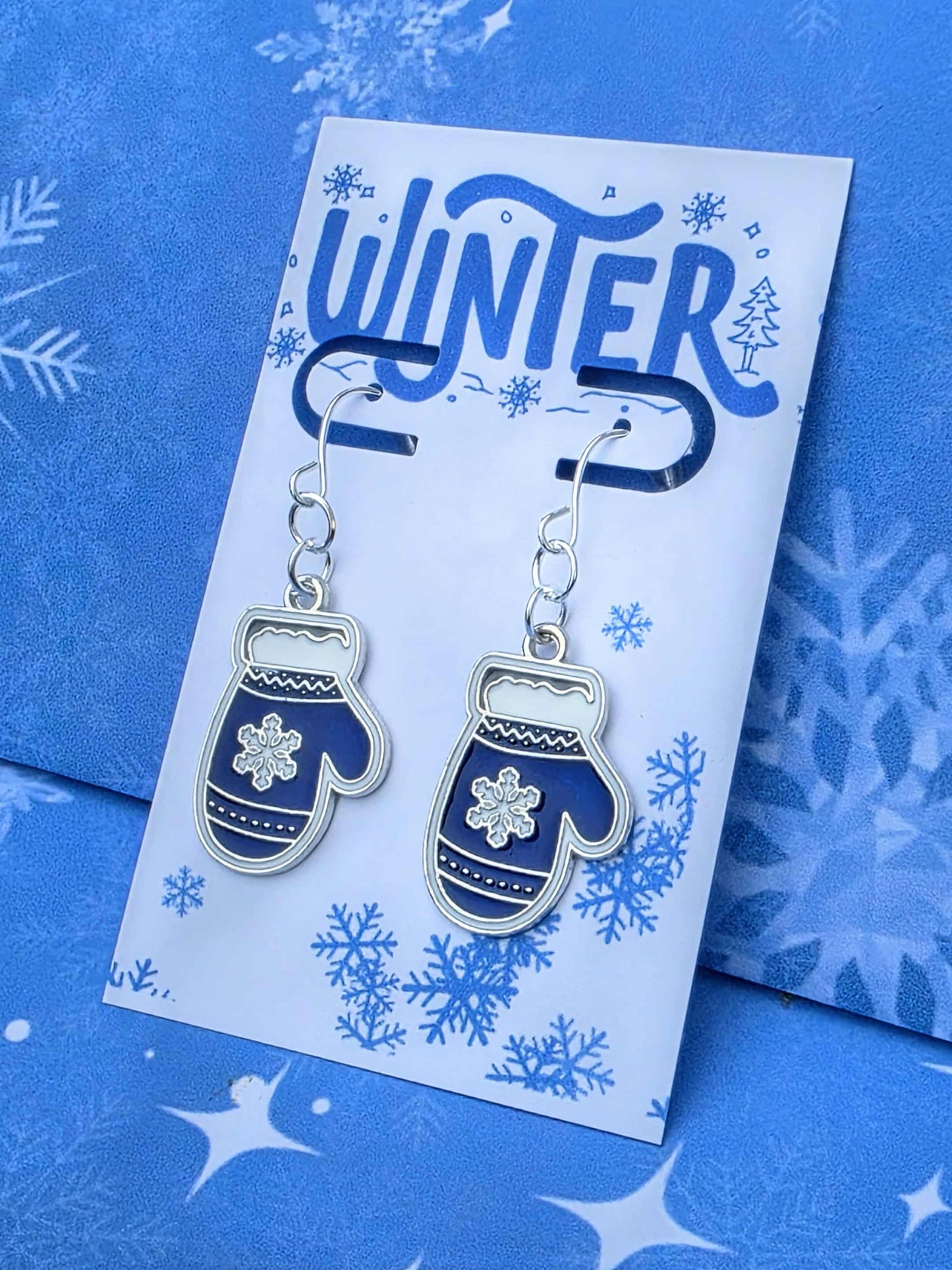 Blue Mitten Earrings | Winter Snowflake Jewelry | Holiday Gift for Her | Cozy Christmas Earrings | Cute Winter Accessory in Gift Bag