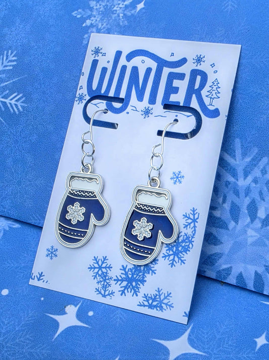 Blue Mitten Earrings | Winter Snowflake Jewelry | Holiday Gift for Her | Cozy Christmas Earrings | Cute Winter Accessory in Gift Bag