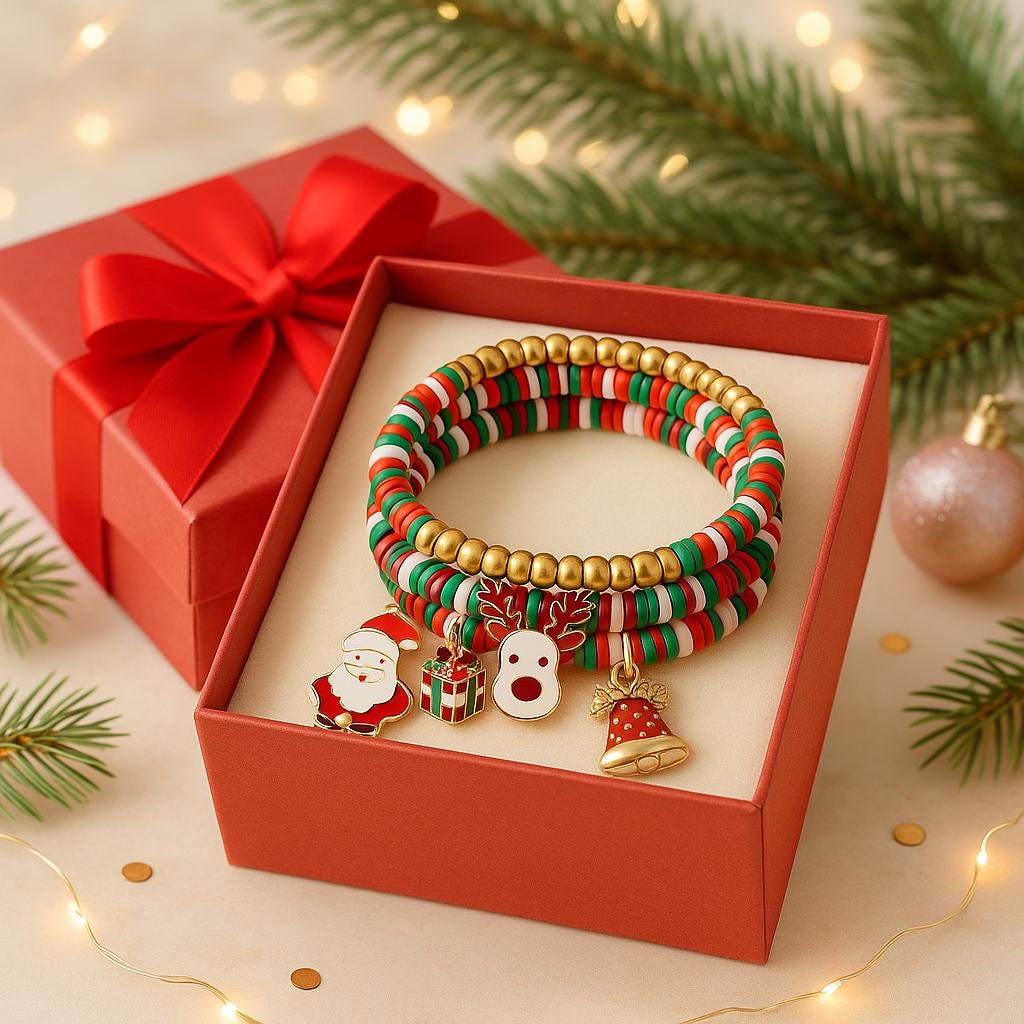 Christmas Stackable Stretch Bracelet Set | 4pc Holiday Heishi Bead Bracelet | Gold Santa Reindeer Gift Jewelry | Festive Women’s Accessory