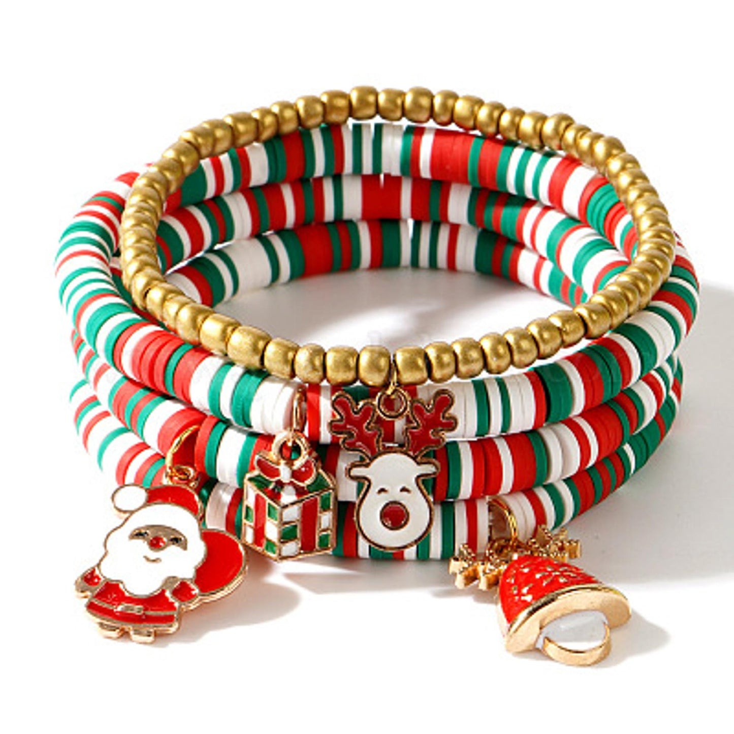 Christmas Stackable Stretch Bracelet Set | 4pc Holiday Heishi Bead Bracelet | Gold Santa Reindeer Gift Jewelry | Festive Women’s Accessory